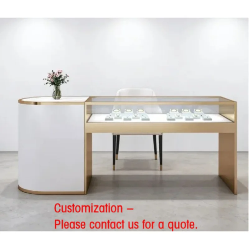 custom.Modern L-Shape Jewelry Display Table LED Lighting White Curved Cabinet Gold Metal Frame Glass Showcase High-End Retai