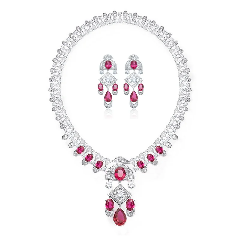 Designer Collection Style Necklace Earrings Women Lady Inlay Cubic Zircon Synthetic Ruby Tassels Pendant Party Jewelry Sets