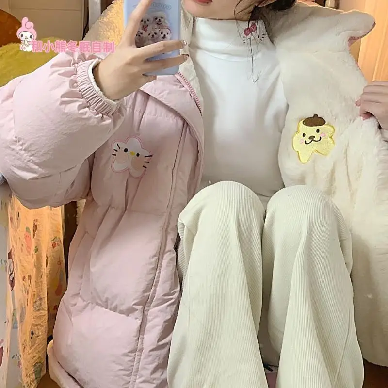 

Sanrio аниме Purin собака пуховик двусторонний женский Kawaii Cinnamoroll зимний утепленный теплый хлопковый тканевый пальто студенческий свободный подарок
