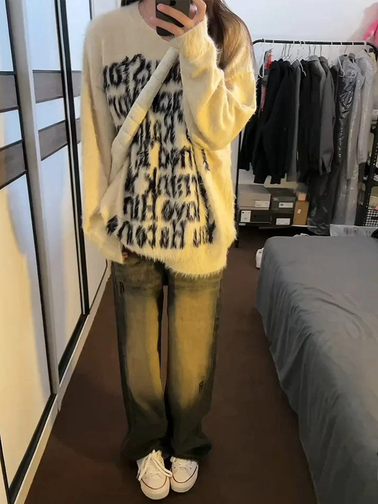 

Мужской вязаный свитер большого размера в американском стиле ретро, нейтральная модная верхняя одежда, повседневный зимний длинный све, круглый топ Ne Top