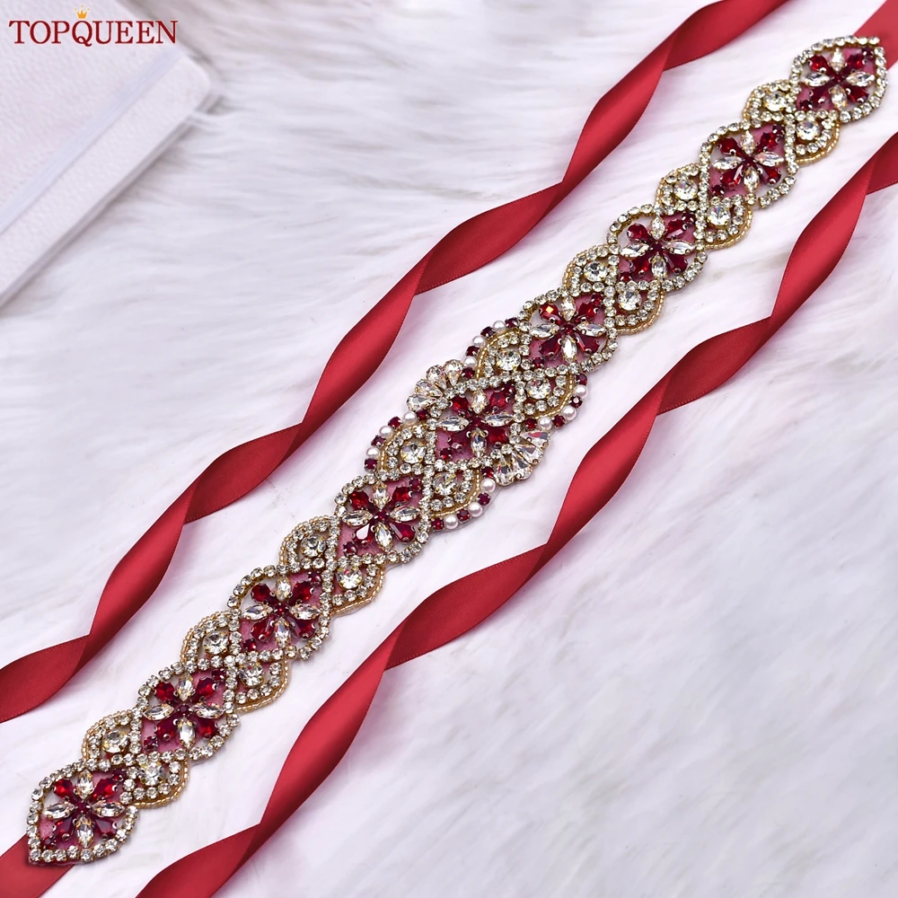 TOPQUEEN Bridal Belt Sash Wedding Dress Accessories Wine Red Rimestone With Gold Belt Ribbon Party Bridesmaid Gift S161B-G-Red