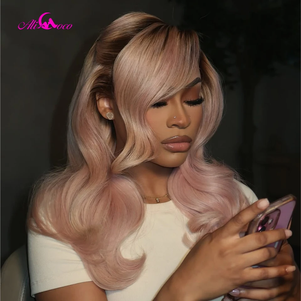

Ombre Light Pink 13x6 Lace Front Human Hair Wigs 13X4 Transparent Lace Front Body Wave Wig with Dark Roots PrePlucked for Women