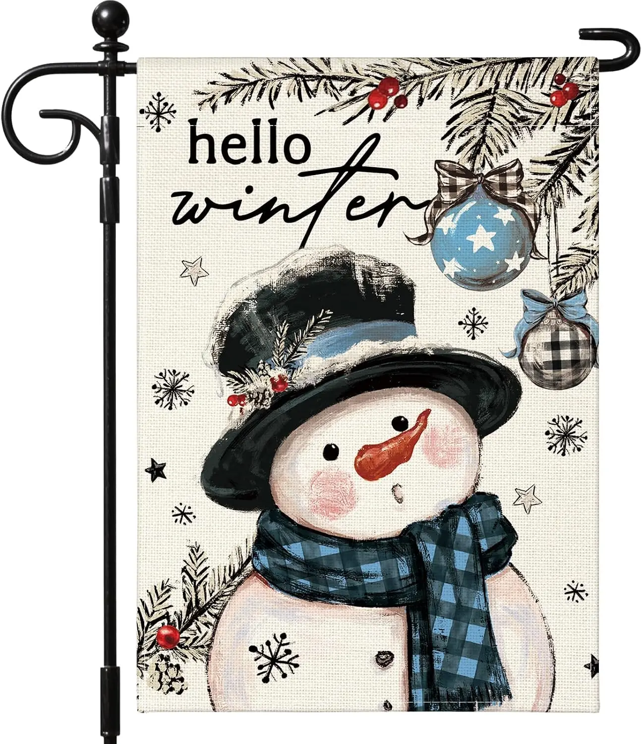 OTOSTAR Christmas Garden Flag 12x18 Inch, Light Blue Double Sided Snowman Pine Xmas Ball Outdoor Flag Hello Winter Holiday F uui