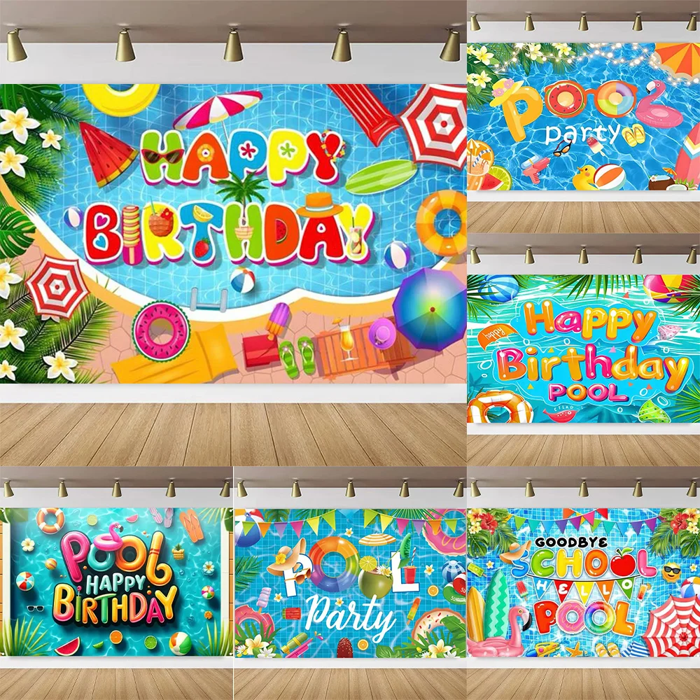 

Summer Pool Theme Birthday Backdrop Party Supplies Decor Hawaii Swimming Holiday Banner for Photozones Booth Boy Baby Kids Gifts