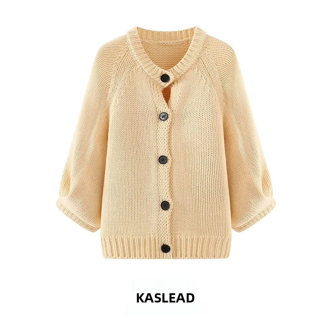

KASLEAD New Women's Fashion Loose Bubble Sleeve round Neck Knitted Jacket Polyester Fiber Open Cardigan Spring Season