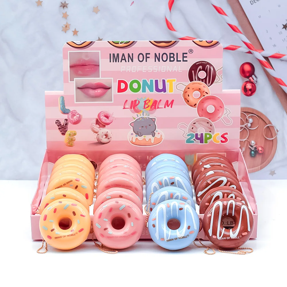 24Pcs/Lot Cute Doughnut Moisturizing Transparent Lip Balm Lipstick Makeup Anti-Dry Hydration Repair Lip Care Cosmetics Wholesale