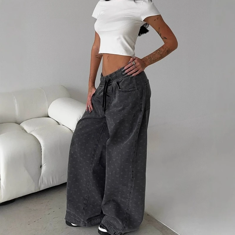 

Printed Hole Hot Girl Jeans Female Drawstring Design Retro High Waist Long Casual Pants Female