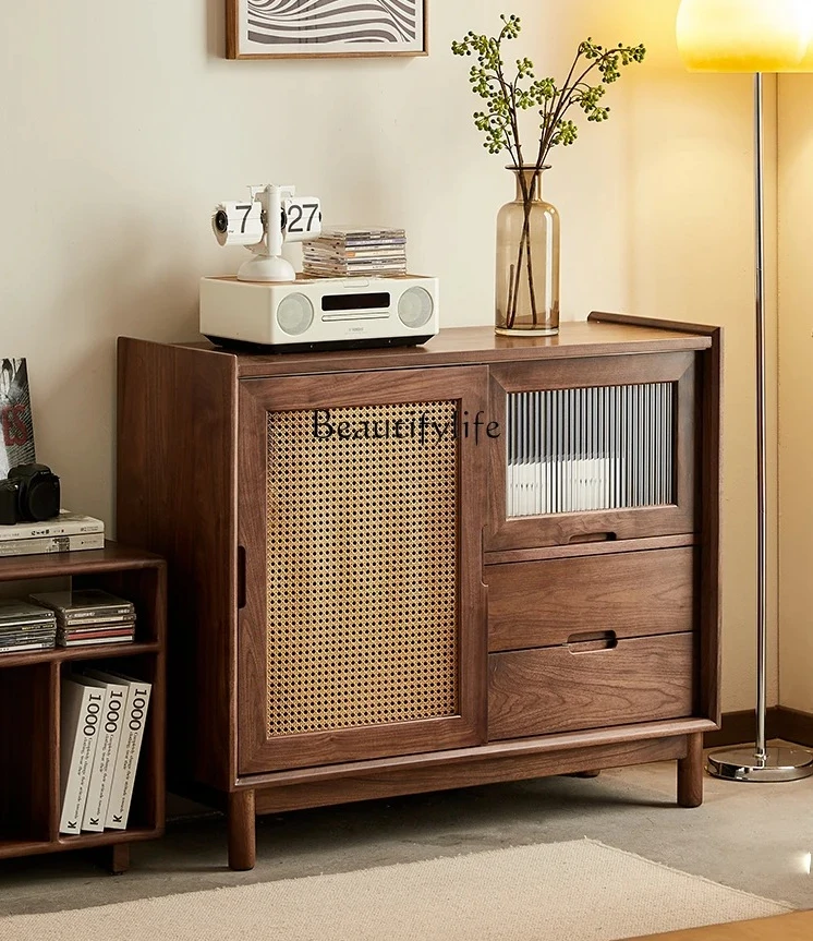 

ls 04Nordic solid wood dining side cabinet modern simple North American black walnut rattan glass door locker