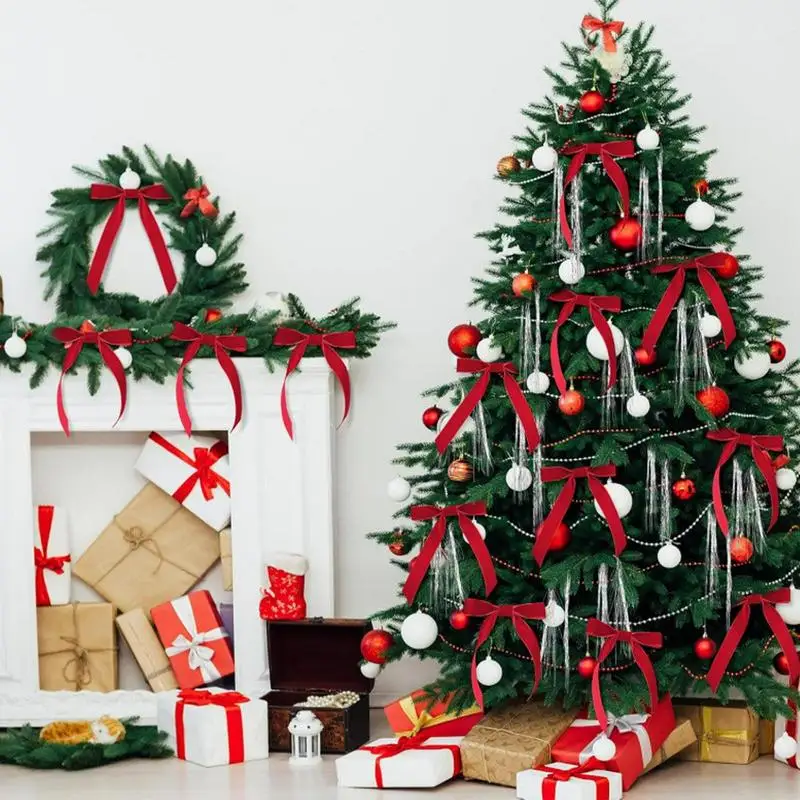 크리스마스 트리 장식용 버건디 벨벳 활, 화환 화환 벨벳 활, 크리스마스 장식, 12 개