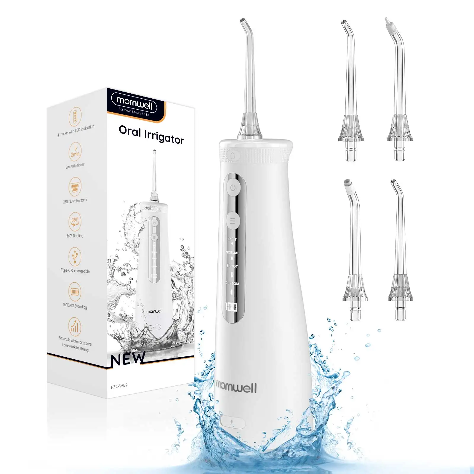 Mornwell 2022 IPX7 4 Modes 260ml Cordless Portable Teeth Cleaning Dental Oral Irrigator Water Flosser