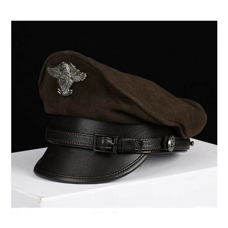 Luxury Winter Genuine Leather Hat Men Male Germany Officer  Warm Cap Locomotive Retro German Military Hat Cortical Casquette