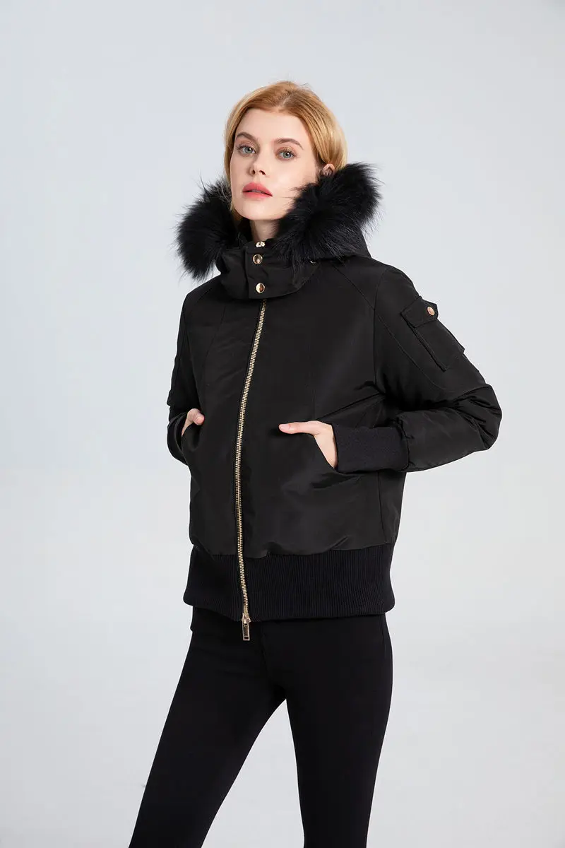 

AS 2023 winter fashion woman bomber coat filled down Adult jacket with nature fur metal gold zipper