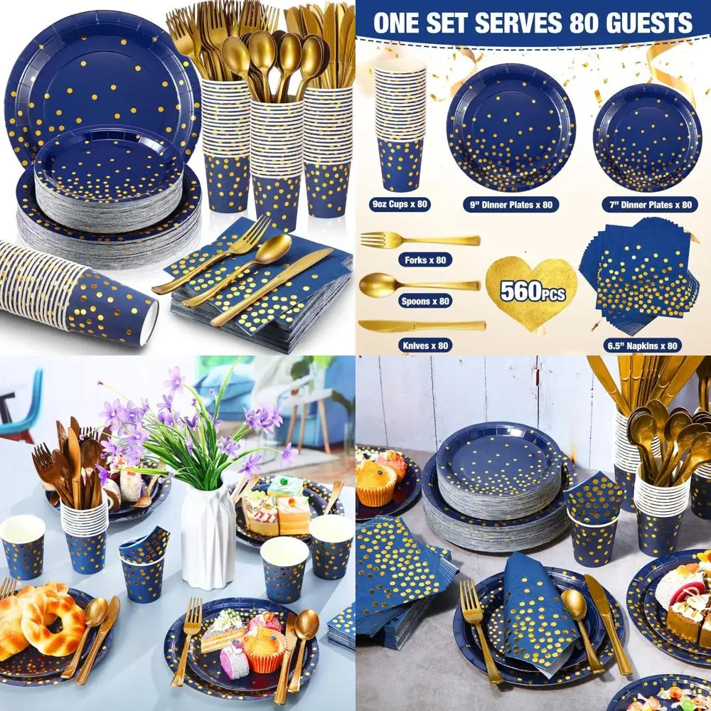 

Темно-синий набор одноразовой посуды для 80 гостей: 560 предметов праздничных принадлежностей с тарелками, салфетками, чашками, столовыми приборами