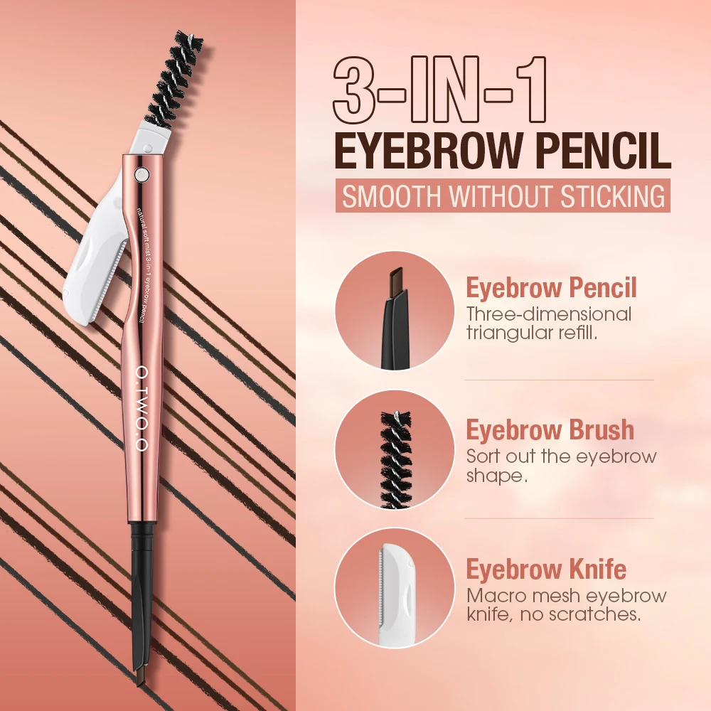 O.TWO.O Eyebrow Pencil 3 in 1 24 Hours Waterproof Long Lasting 4 Colors Brown with Eyebrow Trimmer Cosmetics Makeup Brow Pencil