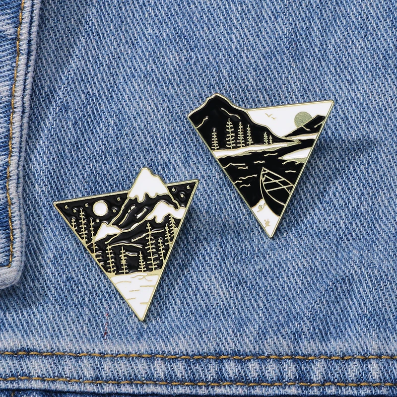 Personality Wilderness Triangle Pins Snow Mountain Ship Pattern Natural Enamel Brooches Cheap Jewelry Wholesale