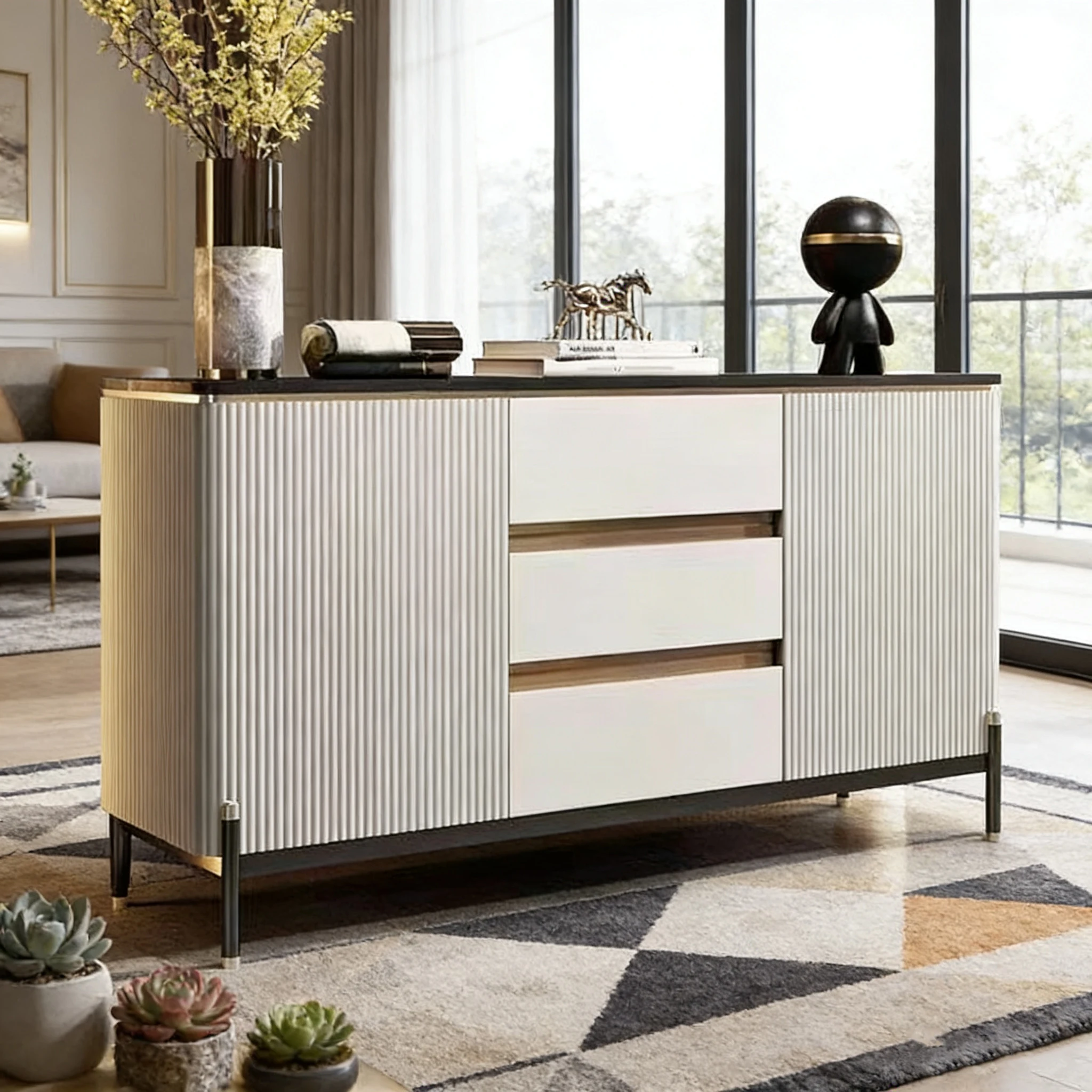Y*-Modern Vertical Stripe Sideboard Cabinet with Central Drawers & Metal Legs