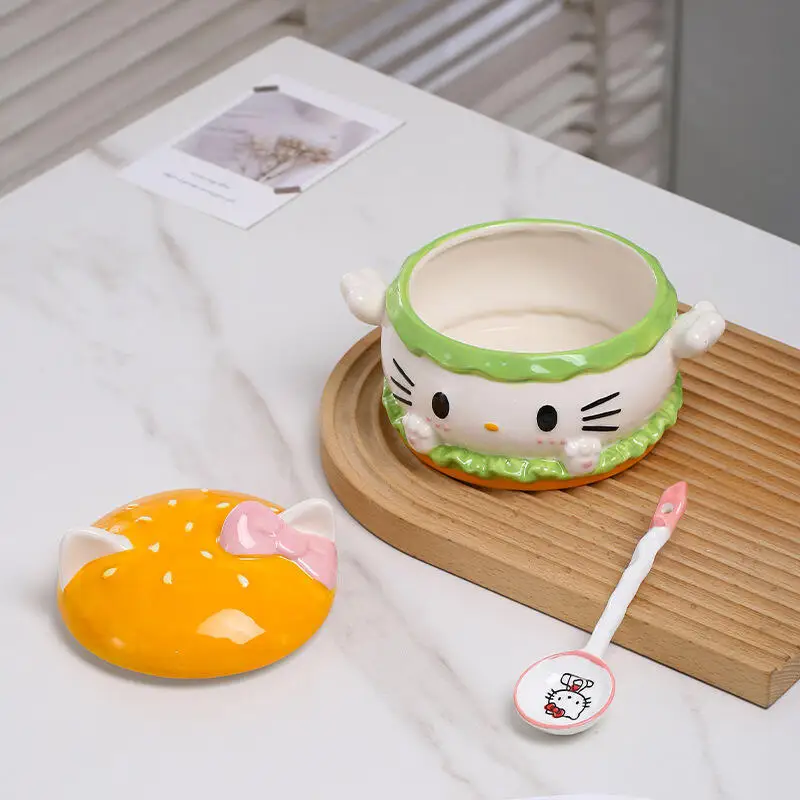 Керамическая чашка с рисунком «Hello Kitty's», миска для супа, красивая, большая вместимость, бытовая, есть ложка, модный милый праздничный подарок