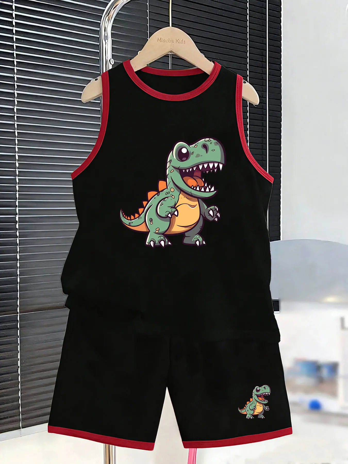 Boys' T-Rex Themed Tank Top and Shorts Set for a Dynamic Summer Look. Crafted from breathable, skin-friendly fabric, it keeps ki