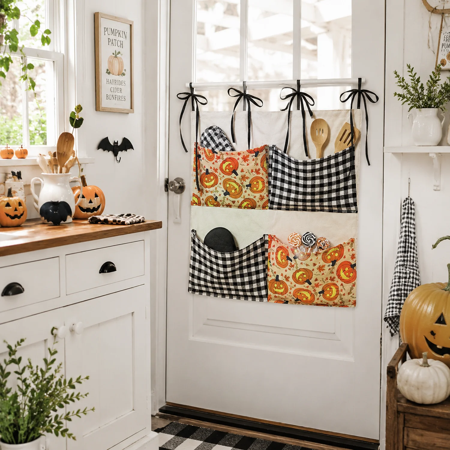 Maple Leaf Pumpkin Tie Top Cabinet Oven Door Curtain with Pocket,  for Kitchen, Microwave, Halloween Party Decor, Candy Storage