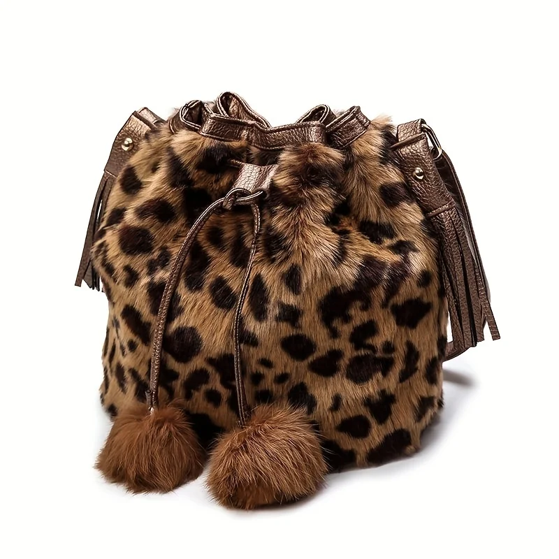 Plush Leopard Print Bucket Bag Fashionable Drawstring Crossbody Bag Women's Luxury Shoulder Bag Internal Phone Bag