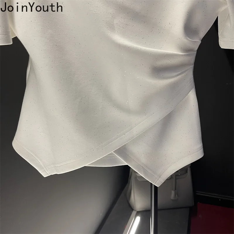 Crop Tops Tshirts for Women Solid Color Diamond Tunic Tees 2024 Ropa Mujer Slim Waist Off Shoulder Fashion Sweet Sexy T-shirt