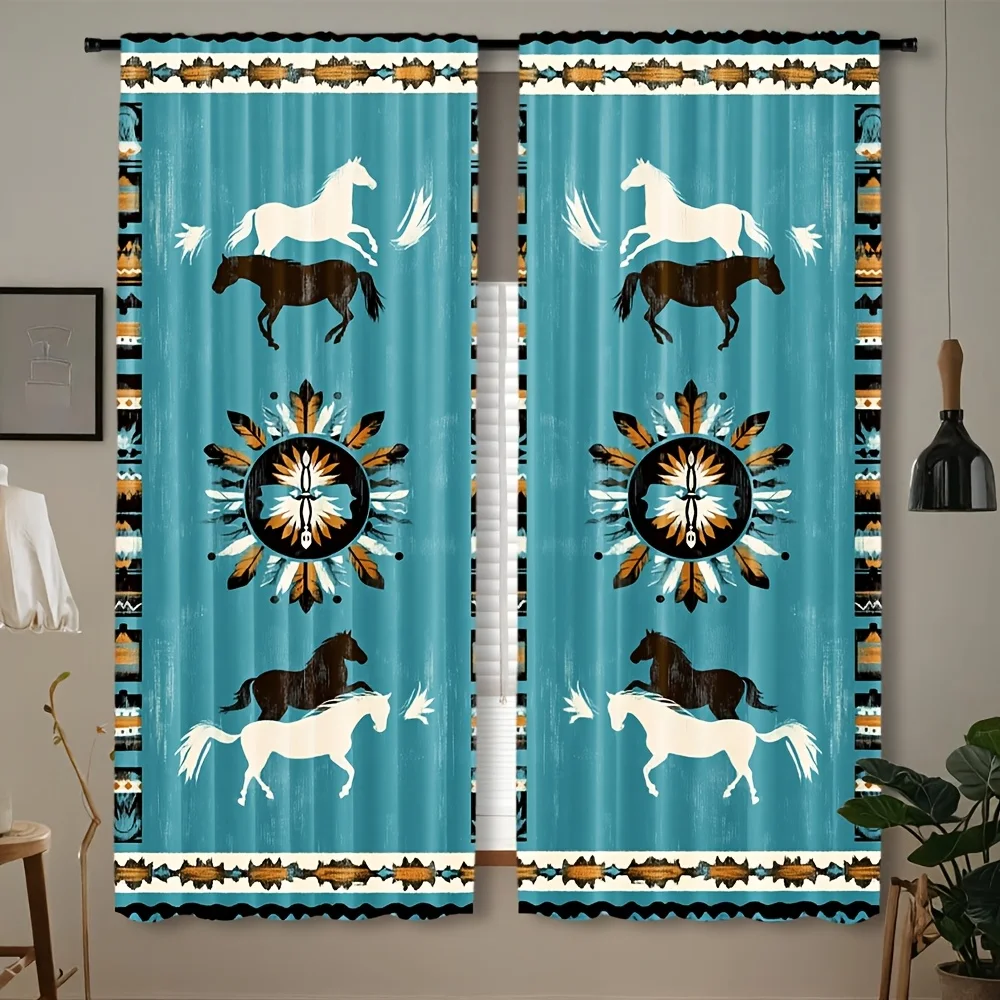 Western Horse Curtain Panels, Ethnic Tribal Horse Feather Mandala Teal Vintage Border Print Drapes for Bedroom Living Room Decor