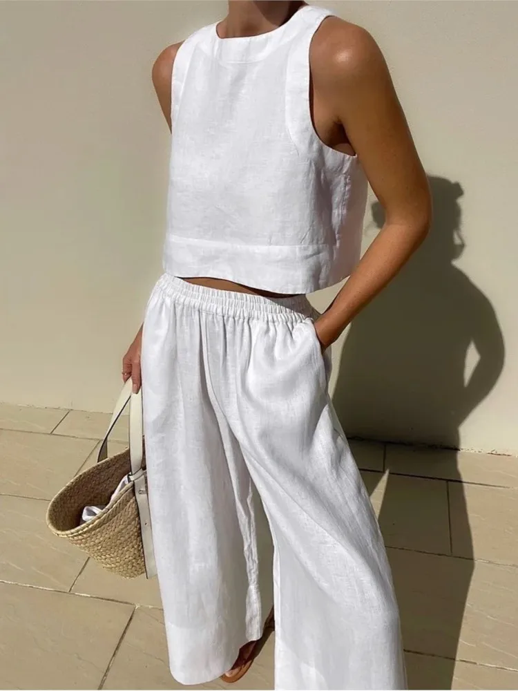 Fashion Solid Color Two Piece Set Women Casual Sleeveless Cropped Top And Loose Wide Leg Pants Sets Female Simple Style Suits