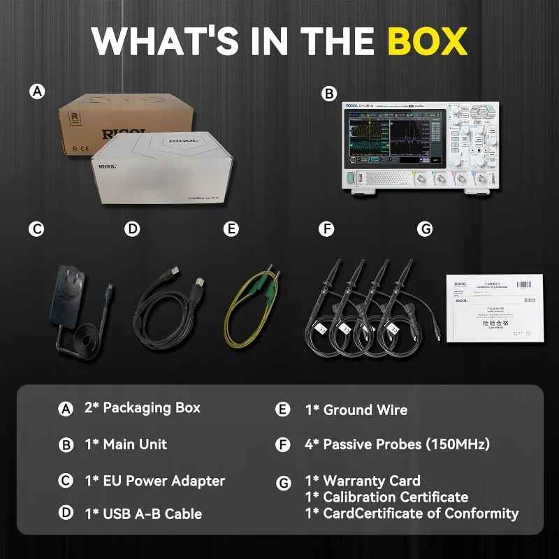 Oscilloscope numérique DHO814, bande de fréquence 100MHz + résolution verticale 12 bits + taux d'échantillonnage Maximum 1,25 GSa/s + 1000,000 wfms