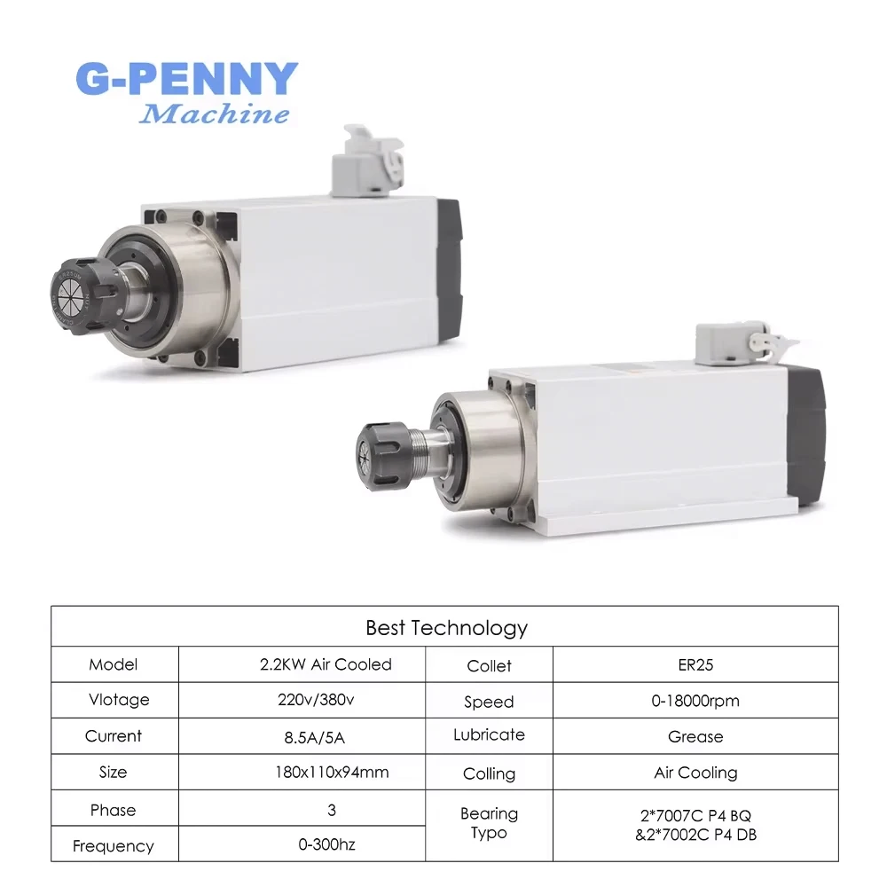 G-Penny 2.2kw ER25 Air Cooled Spindle Motor With /Without Flange CNC 220v /380v Ceramic Ball Bearings Spindle 0.01mm Accuracy