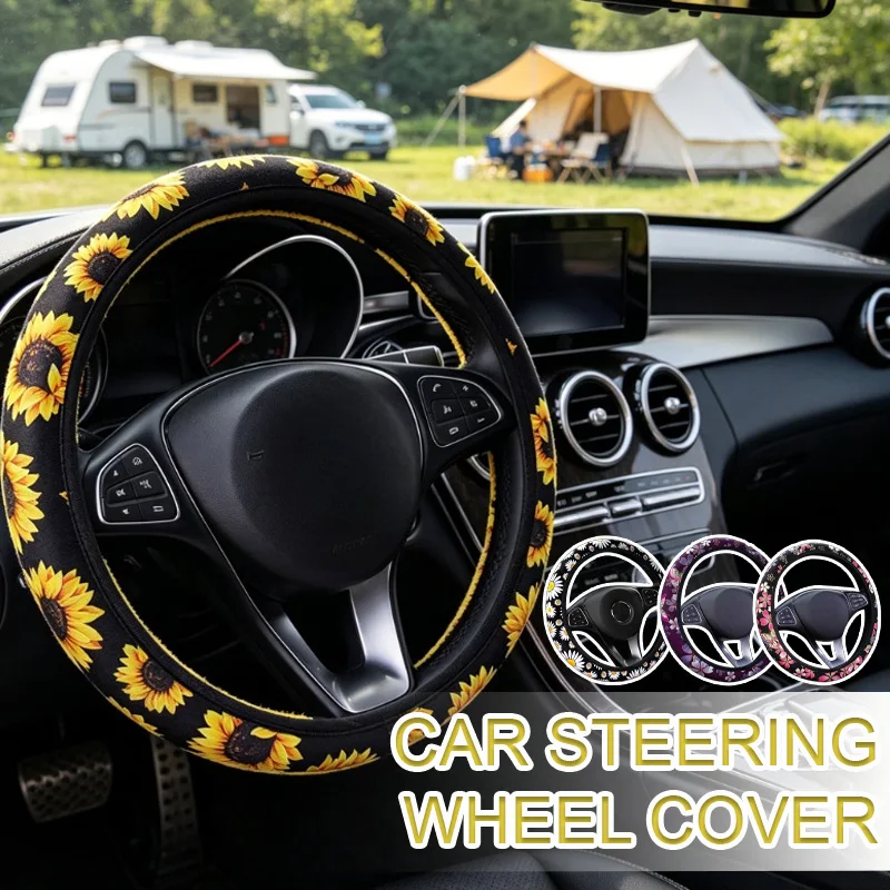 1PC Elastic Sunflower Cherry Blossom Printed Rimless Steering Wheel Cover Universal Anti-slip Car Interior Decoration For Women