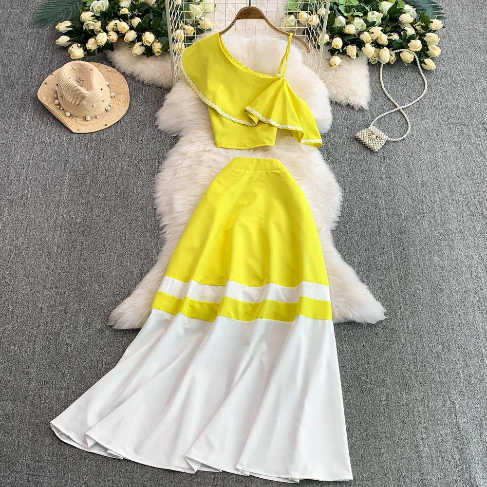 

Female Trendy Skew Neck One Shoulder Set Top Skirt Suit Summer Ins Chic Tropical Beach Holiday Island Gradient Color Ruffles Set