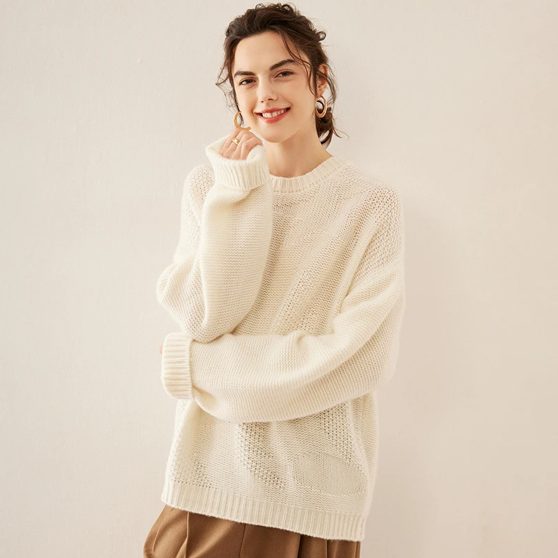 2024 New (100% Cashmere) Women's Seven Needles Thickened Round Large Collar Hollow Classic Versatile Fashion Women's Sweater