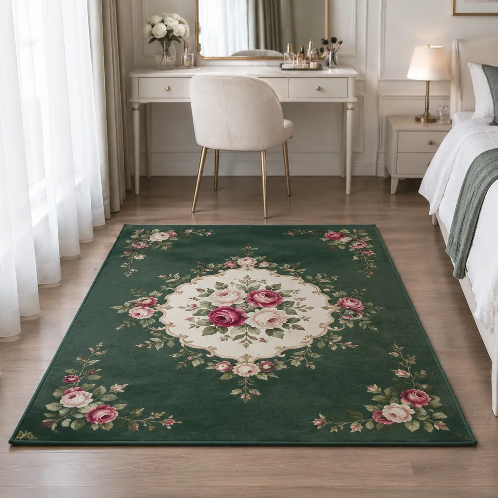 VIKAMA Carpet Rug Dark Green Hand Drawn Rose Branch Stain Resistant Window Seat Coffee Table Living Room Entryway Home Decor