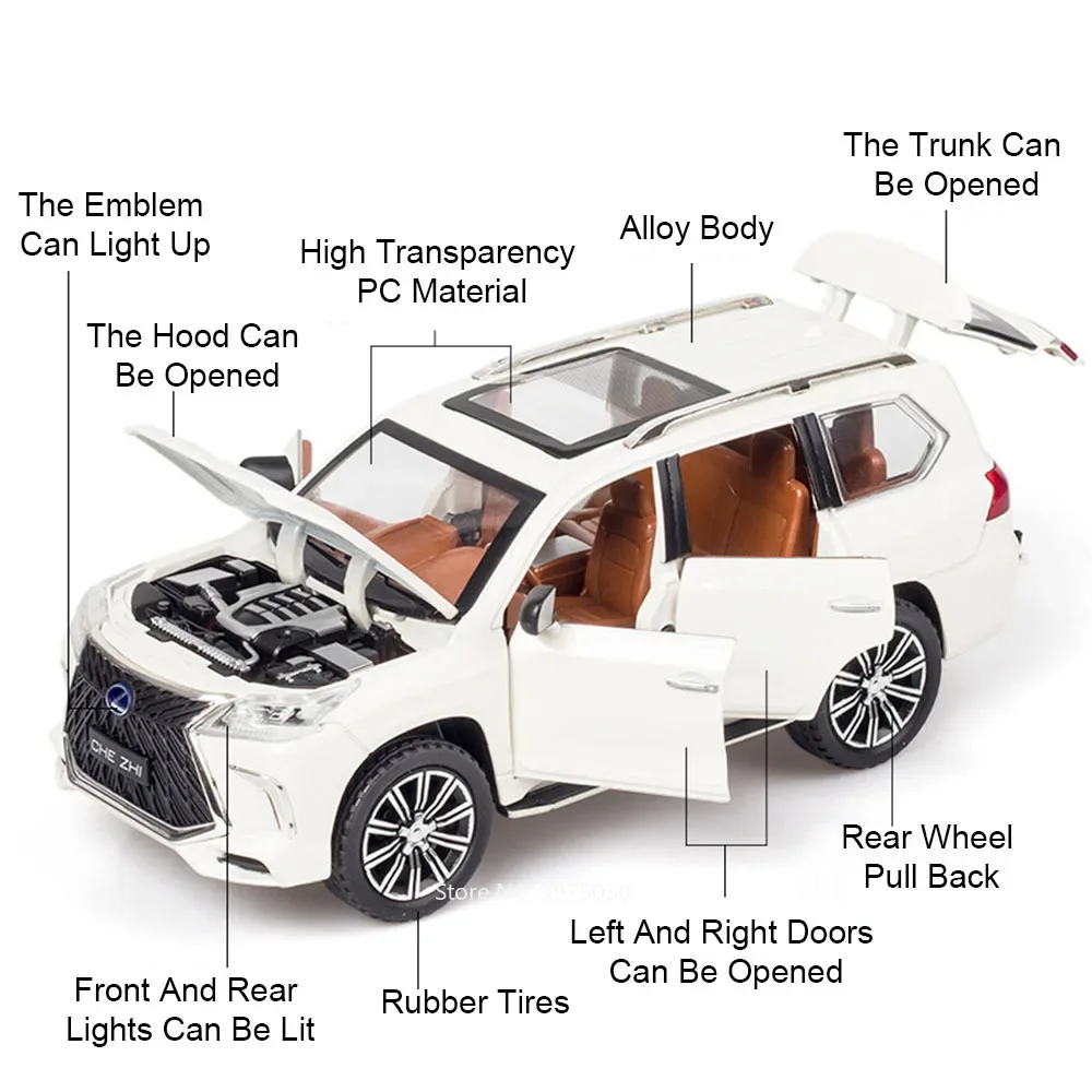 1:24合金ダイキャストLX570 LX600おもちゃの車モデル、6ドア開閉、ライトミュージック、SUV、プルバック式、子供の誕生日プレゼント