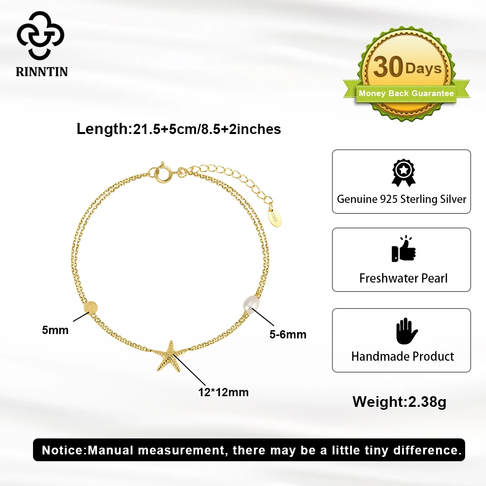Rinntin 925 Silver Double Layered Cable Chain Anklet for Women with Starfish Summer Foot Chain Bracelet Fashion Jewelry SA101