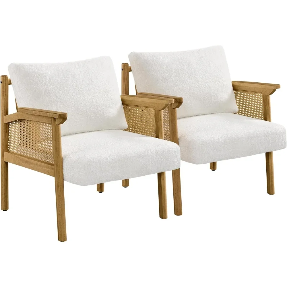 

Accent Chair,Boucle Vanity Chair with Rattan Back Arms,Mid Century Chair Upholstered Living Room Chair Lounge Chairs White 2 PCS