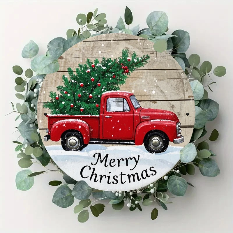 [2D شقة] 1 قطعة شاحنة حمراء عتيقة إكليل عيد الميلاد علامة معدنية-جولة 2D الحديد المسطح آرت ديكو ، عطلة احتفالية الجدار والباب شنقا f