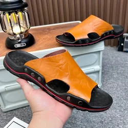 MAEDEF Men's Slippers Leather Luxury Brand 2024 Fashion Flats Summer Beach Casual Walking Slides for Men Solid Outdoor Sandals