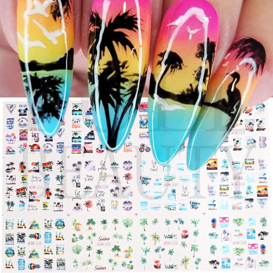 

12pcs Palm Tree Nail Stickers Beach Coconut Sunset Sliders Water Transfer Decals Summer Nails Accessories Manicure LEBN2245-2256