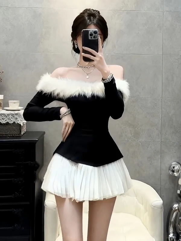 

Ele Bla White Color Blo oulder Furry Dr Women's Autumn Winter High End Sensation Birthday Par Gown