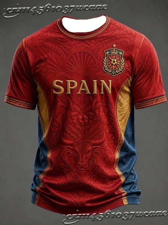 Spain Fan Football T‑Shirt Vintage Carving Pattern Print Breathable Quick‑Dry Unisex Casual Street Athletic Short Sleeve Fan Tee