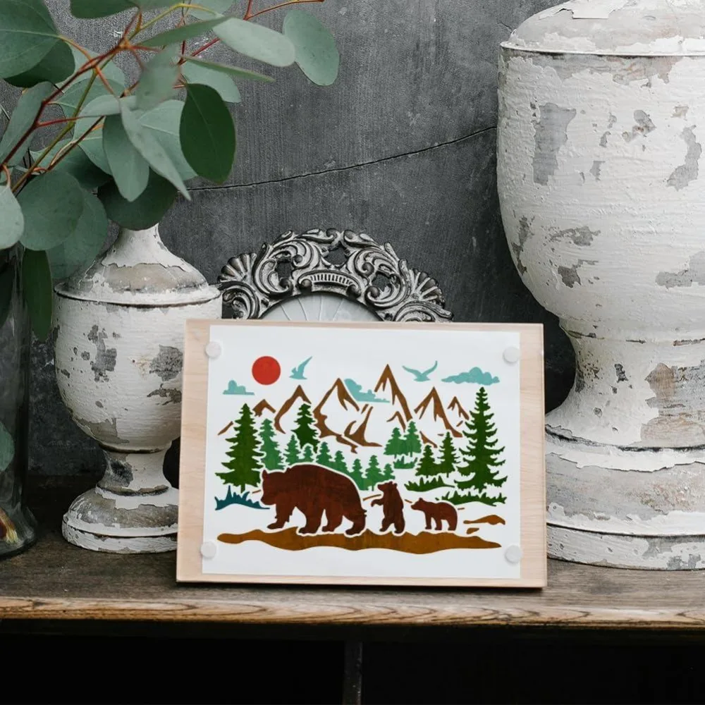 A4 Size Forest Bear Mountain Stencil Bear Family Template with Paint Brush 11.7x8.3inch Reusable Sun Bird Tree Animal Stencil