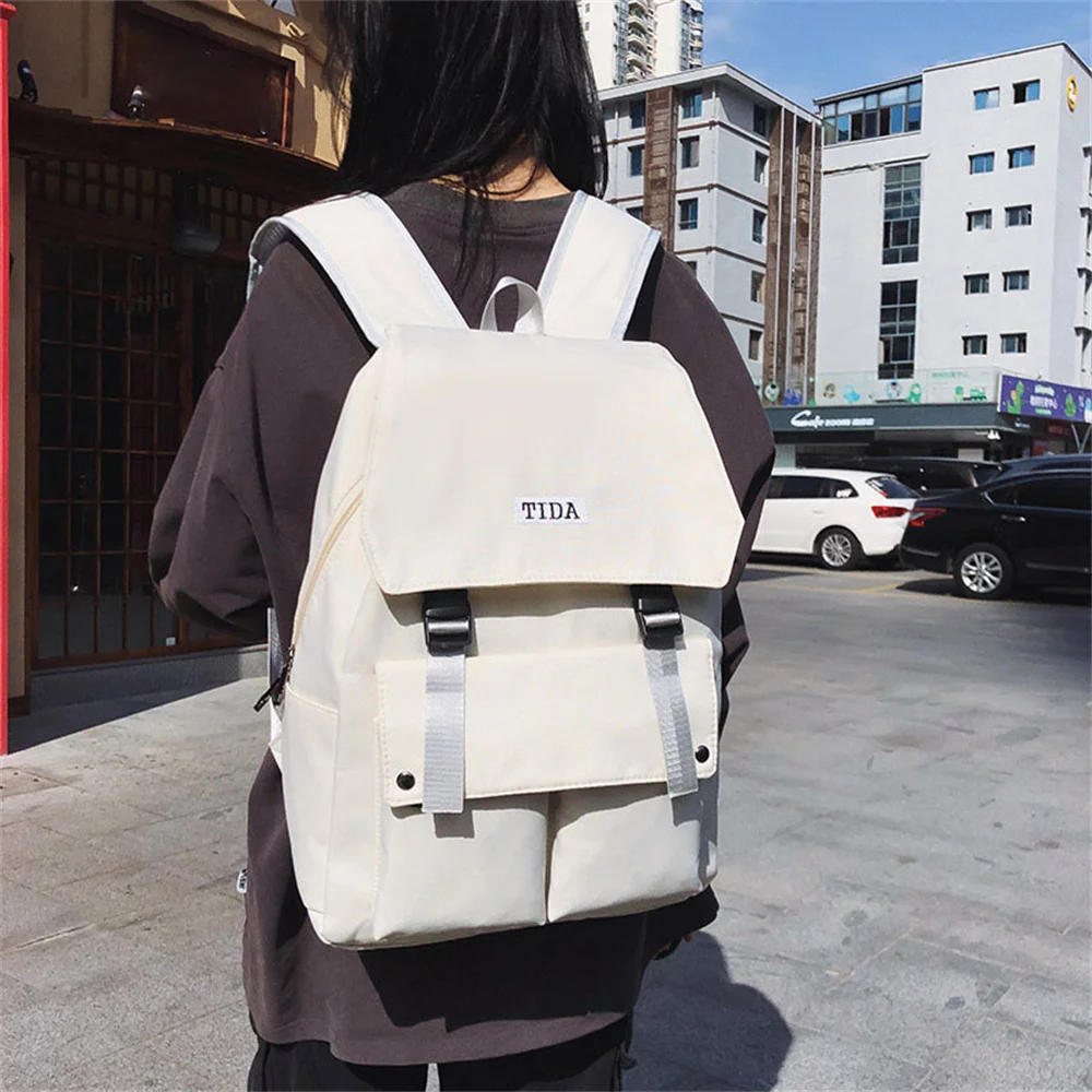 Harajuku Ins Street Style Couple Backpack For Men Women Large Capacity Simplicity Nylon Solid Color Unisex Student School Bag