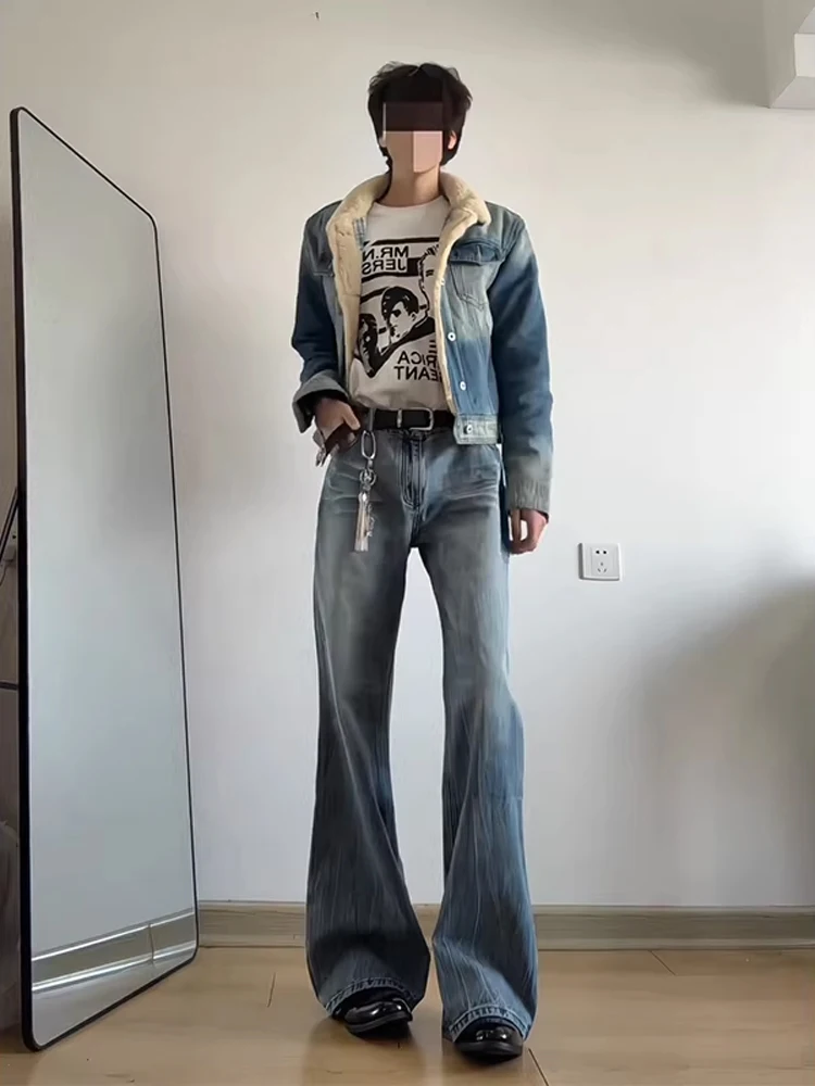 

American Sle High Waist Bell Bot Jeans Men's Cleanfit Slimming Leg Lengthening High Street Straight Knife Pants