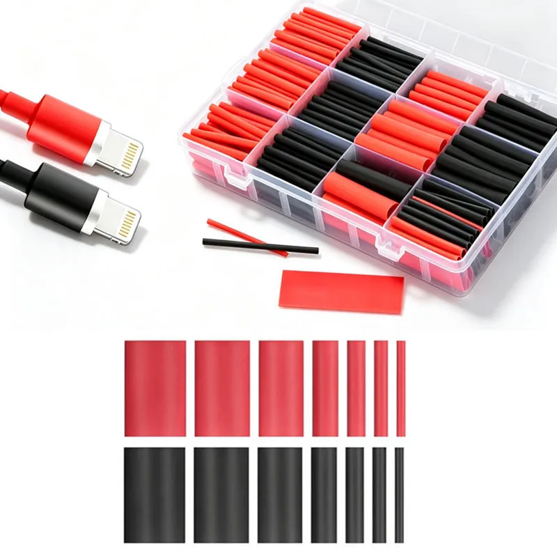 200pcs Heat Shrink Tubing Kit 3:1 Ratio Adhesive Lined Black & Red Waterproof Electrical Wire Shrink Wrap Tube Dustproof