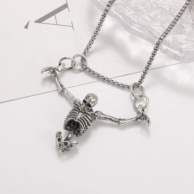 Silver Color Upper Body Skull Pendant Men\\\'s Biker Punk Necklace Gothic Alternative Casual Jewelry