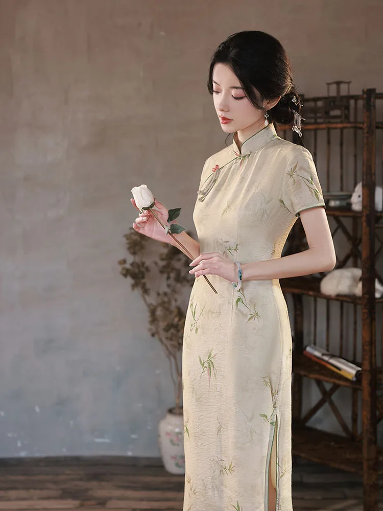 Yourqipao Summer Bamboo Leaf Printing Linen Long Cheongsam Elegant Casual Banquet Chinese Style Evening Dress Qipao for Women