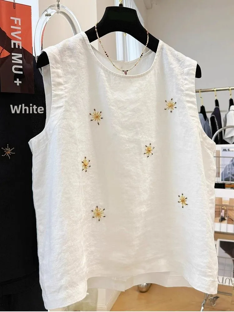 توب نسائي صيفي أنيق بدون أكمام مزين بتصميم عتيق، برقبة مستديرة، رقيق وعصري، مريح وقابل للتنفس