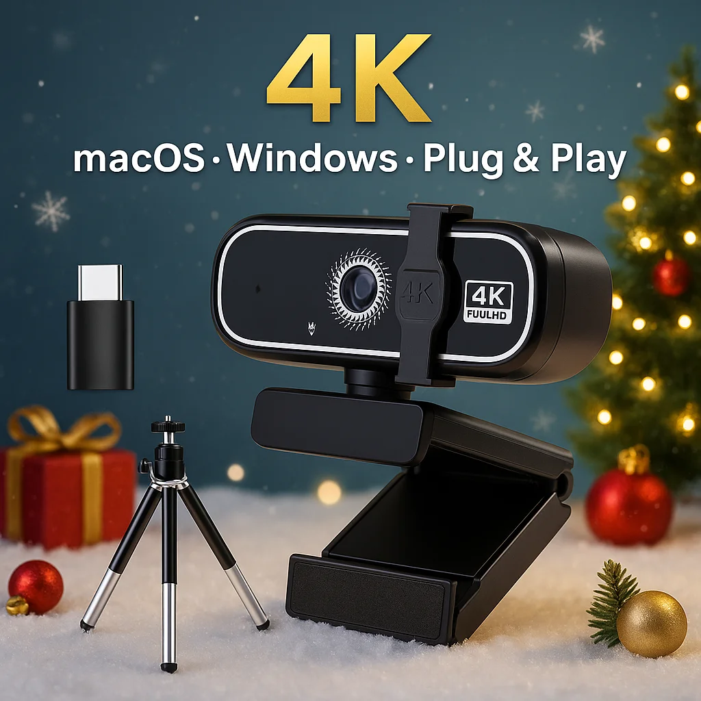 Webcam USB Autofokus Ultra HD 4K dengan Penutup Privasi, Adaptor Tipe-C — Hadiah Natal Kreatif, Kamera Komputer untuk Konferensi