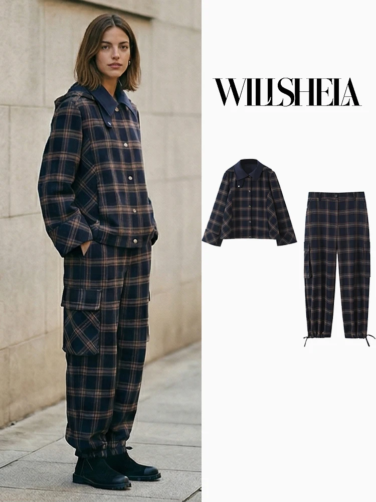 Willshela Women Fashion 2 Piece Set Denim Plaid Single Breasted Jacket & Vintage High Waist Trousers Feamle Chic Lady Pants Sets